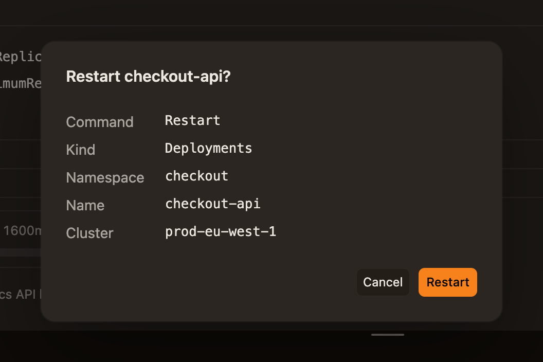 The confirmation dialog for restarting a Deployment, recapping cluster, kind, namespace and name.