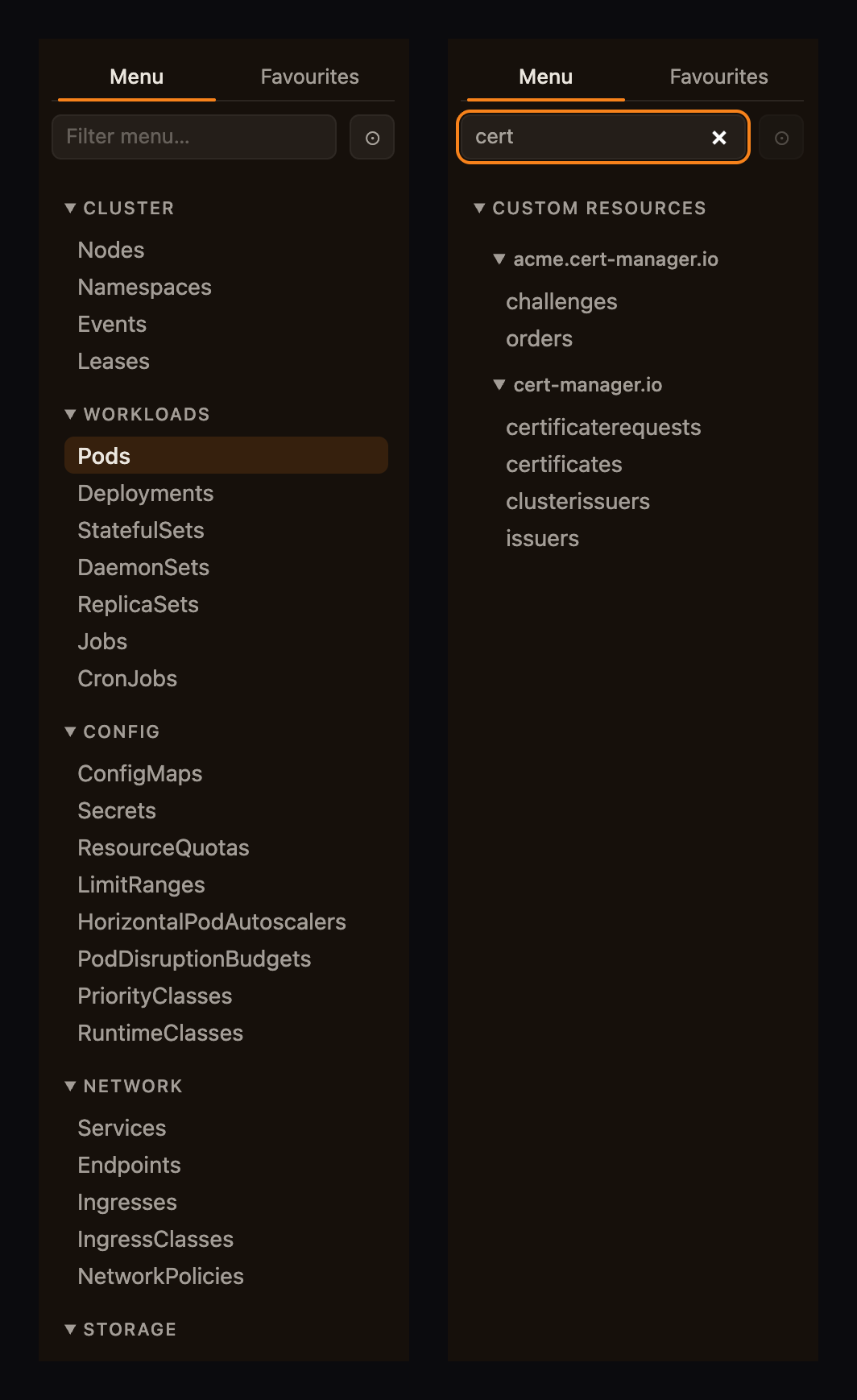 The sidebar twice: the Workloads taxonomy, and the API-groups taxonomy filtered to "cert".