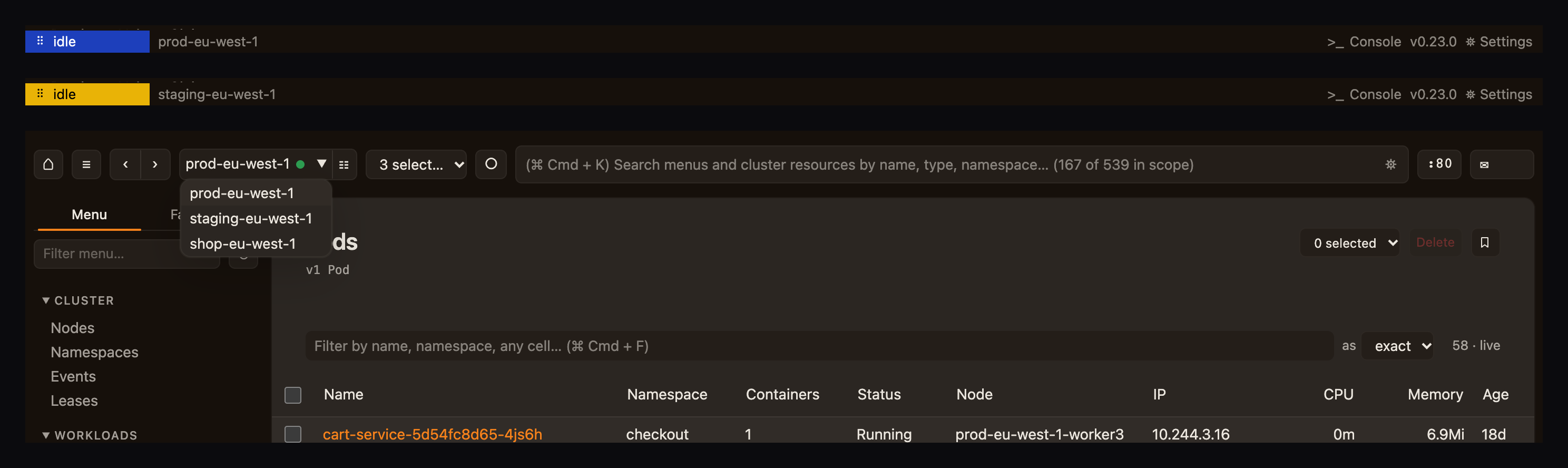 Two clusters with their own status-bar colours, and the cluster picker open.