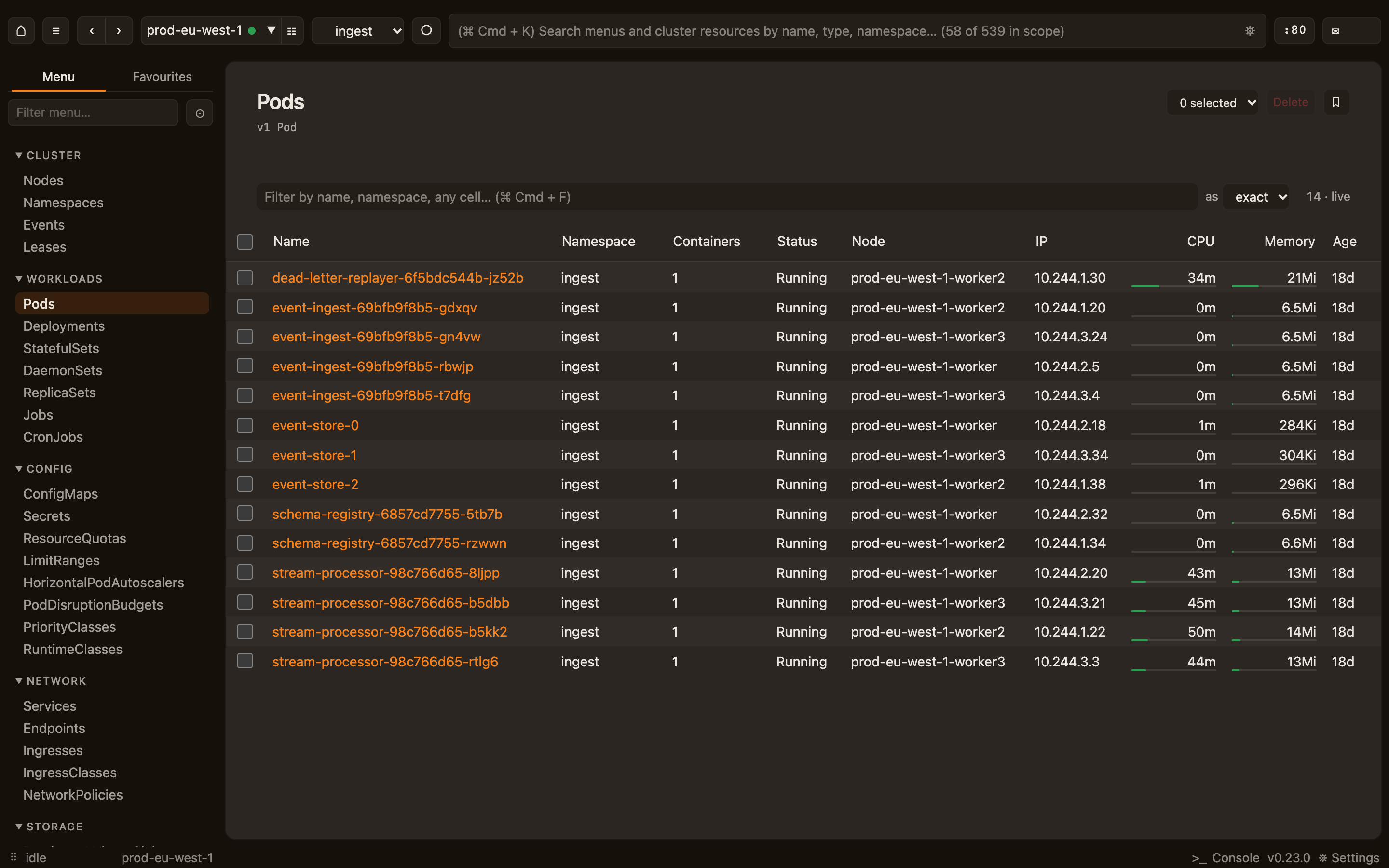 The Pods list for the ingest namespace, every row a live watch.