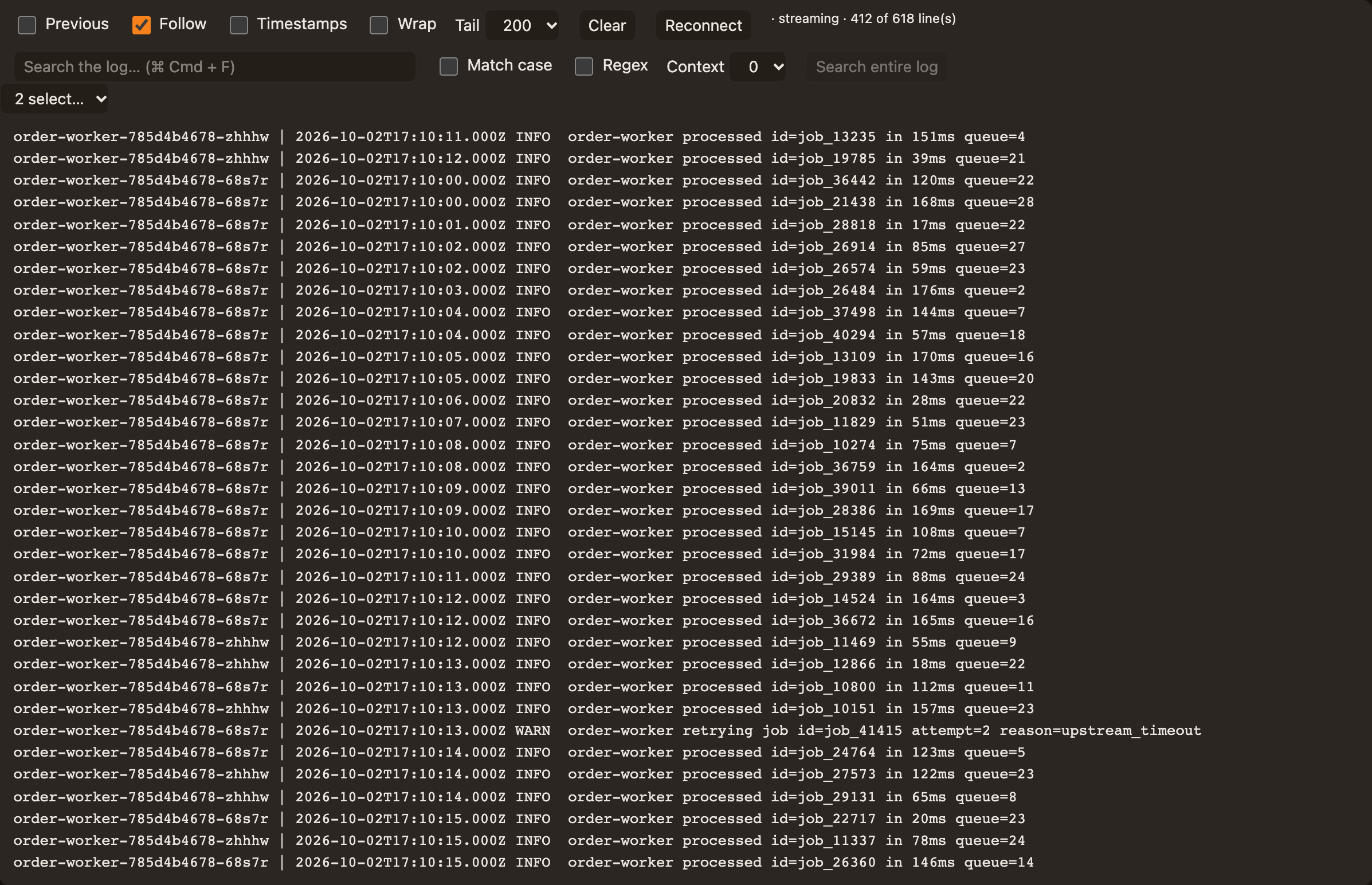 Logs of a Deployment's three pods merged into one stream, each line tagged with its pod, one pod muted.