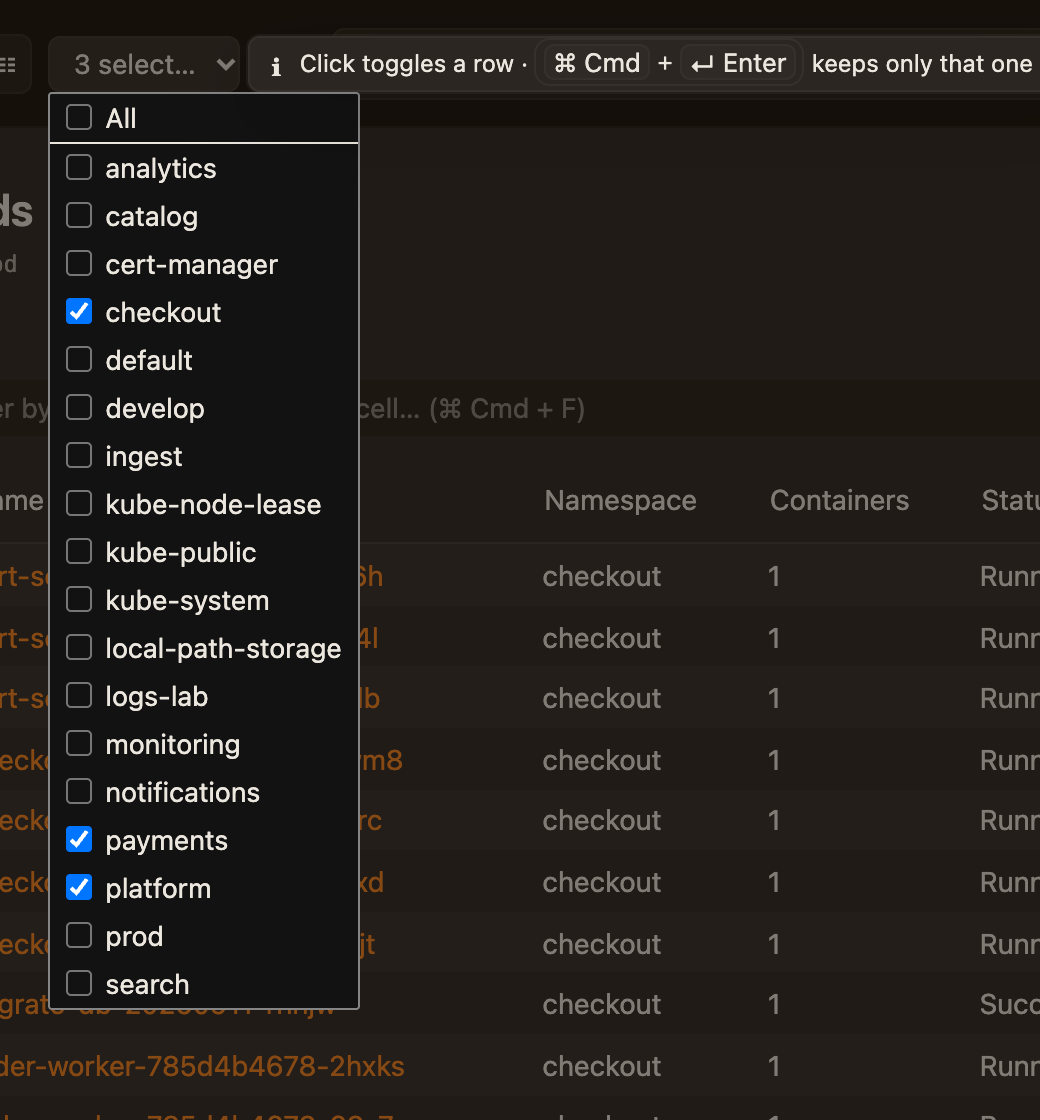 The namespace scope picker open, with checkout, payments and platform ticked.