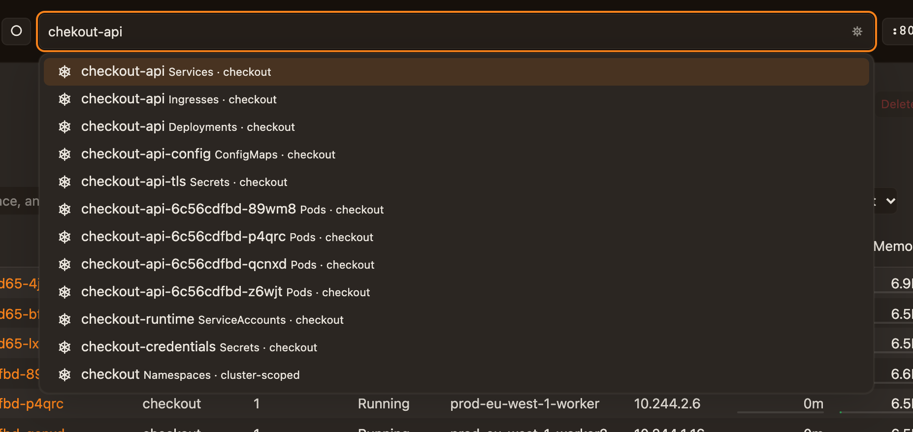 The command palette matching a misspelled name to checkout-api.