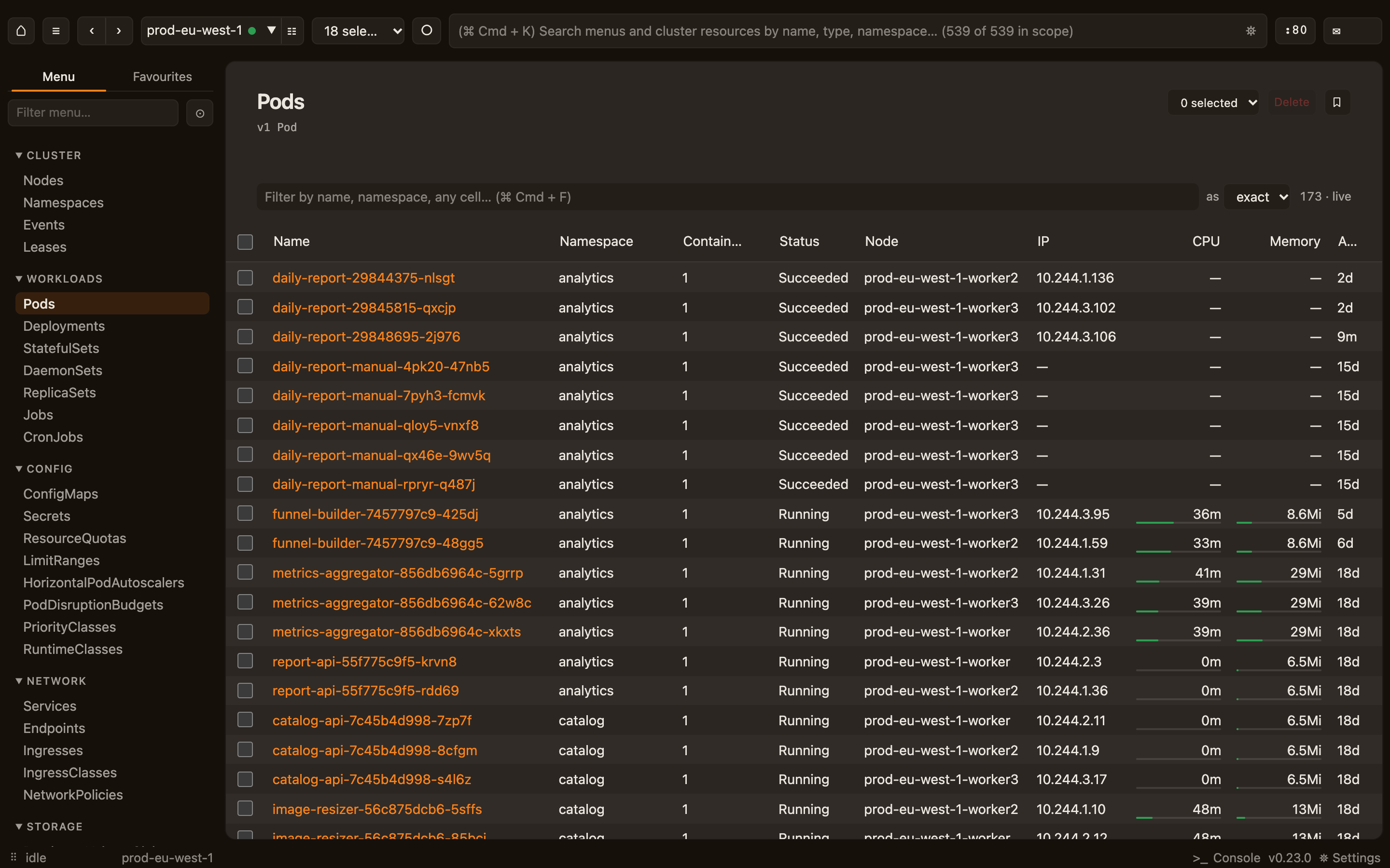 The Pods list across all namespaces, columns sized to their content.