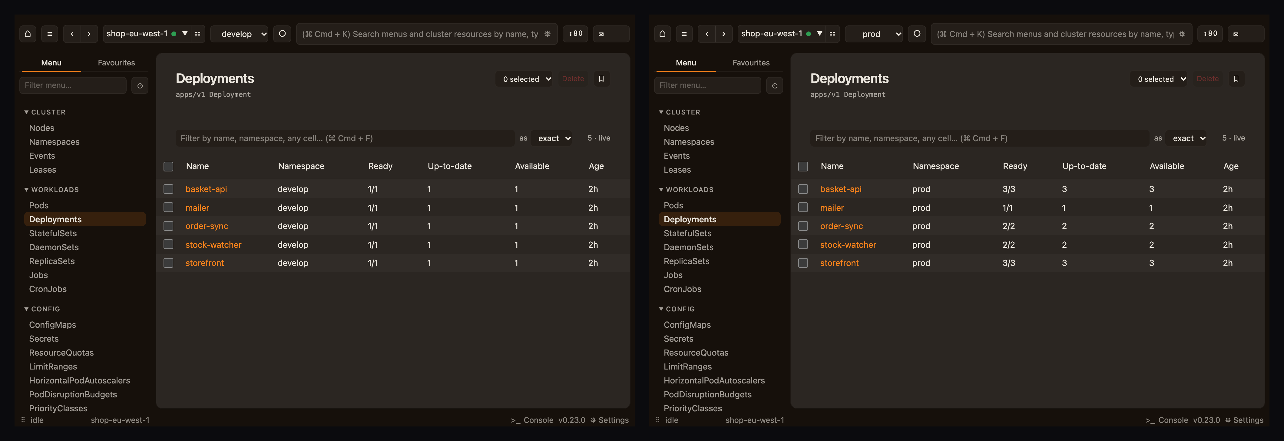 Two windows on the same cluster side by side, one scoped to develop, one to prod.